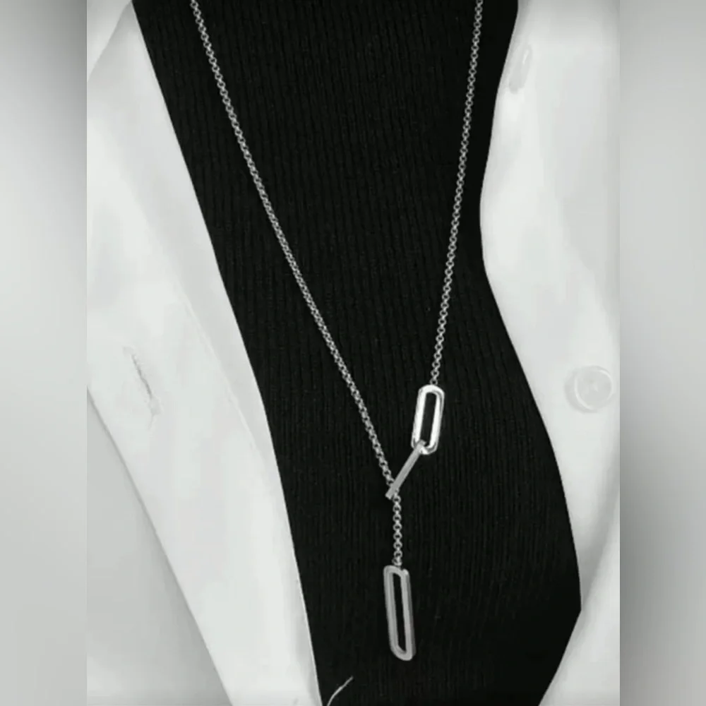 Silver Plated Stainless Steel Paperclip Lariat Necklace Minimalist Drop Chain